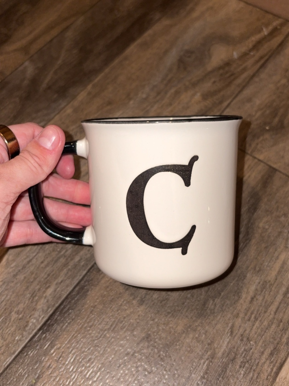 White Ceramic Mug with Black Handle and Monogram C